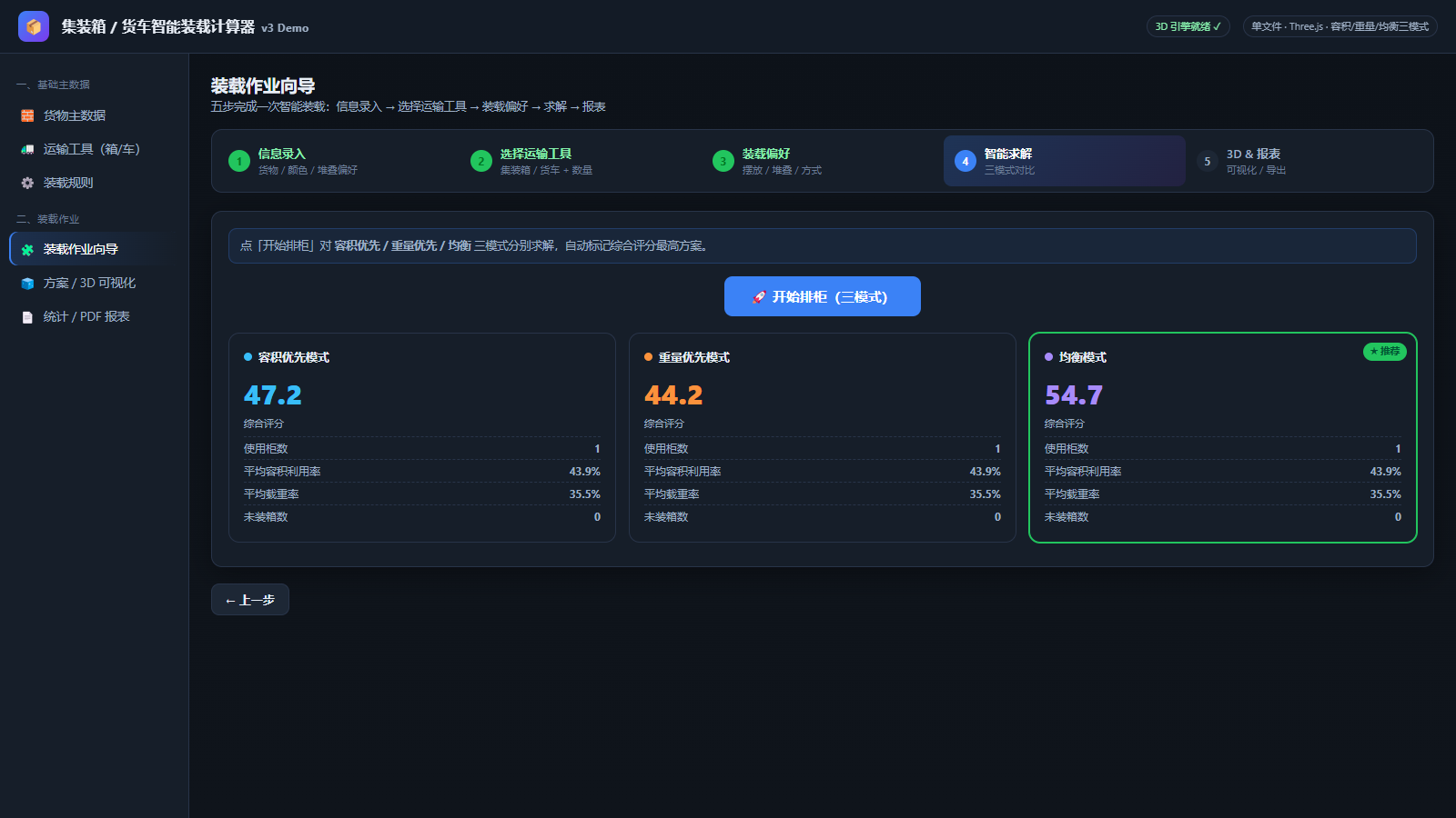 装载作业向导：五步引导完成一次智能装载，并对容积优先/重量优先/均衡三模式分别求解、标记推荐方案